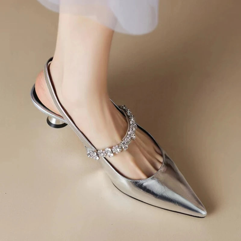 2025 Women's Sandals Buckle Rhinestone Pointed Toe Slingback Trend Summer Sandal