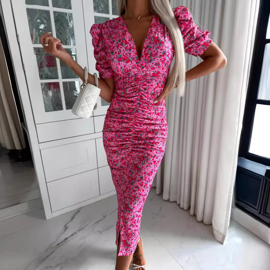 Summer Slim Floral Print Short Sleeve Midi Dress Elegant V Neck . S-XL