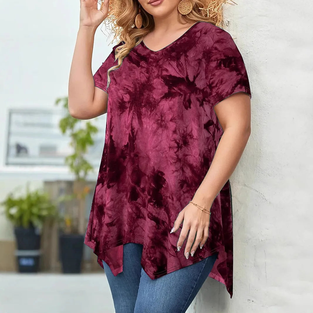 Plus Size Woman Short Sleeve Casual V Neck Loose Top.