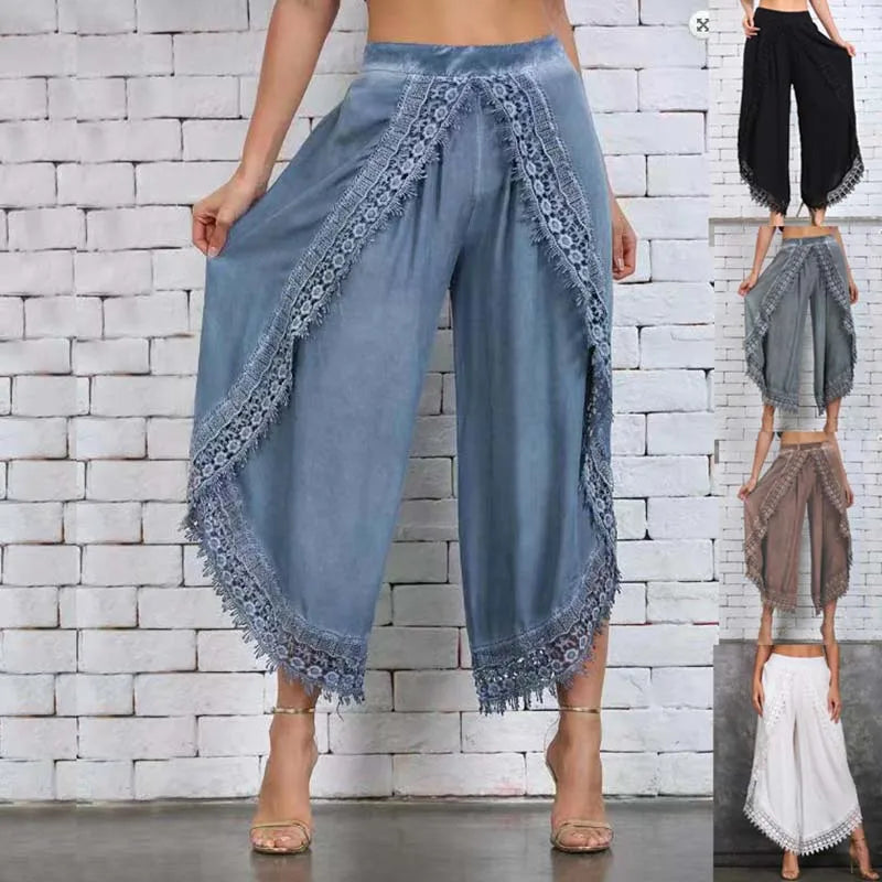 Lace Ladies Harem Pants Loose Solid Wide Leg Casual Comfortable Style. Sizes S-3XL