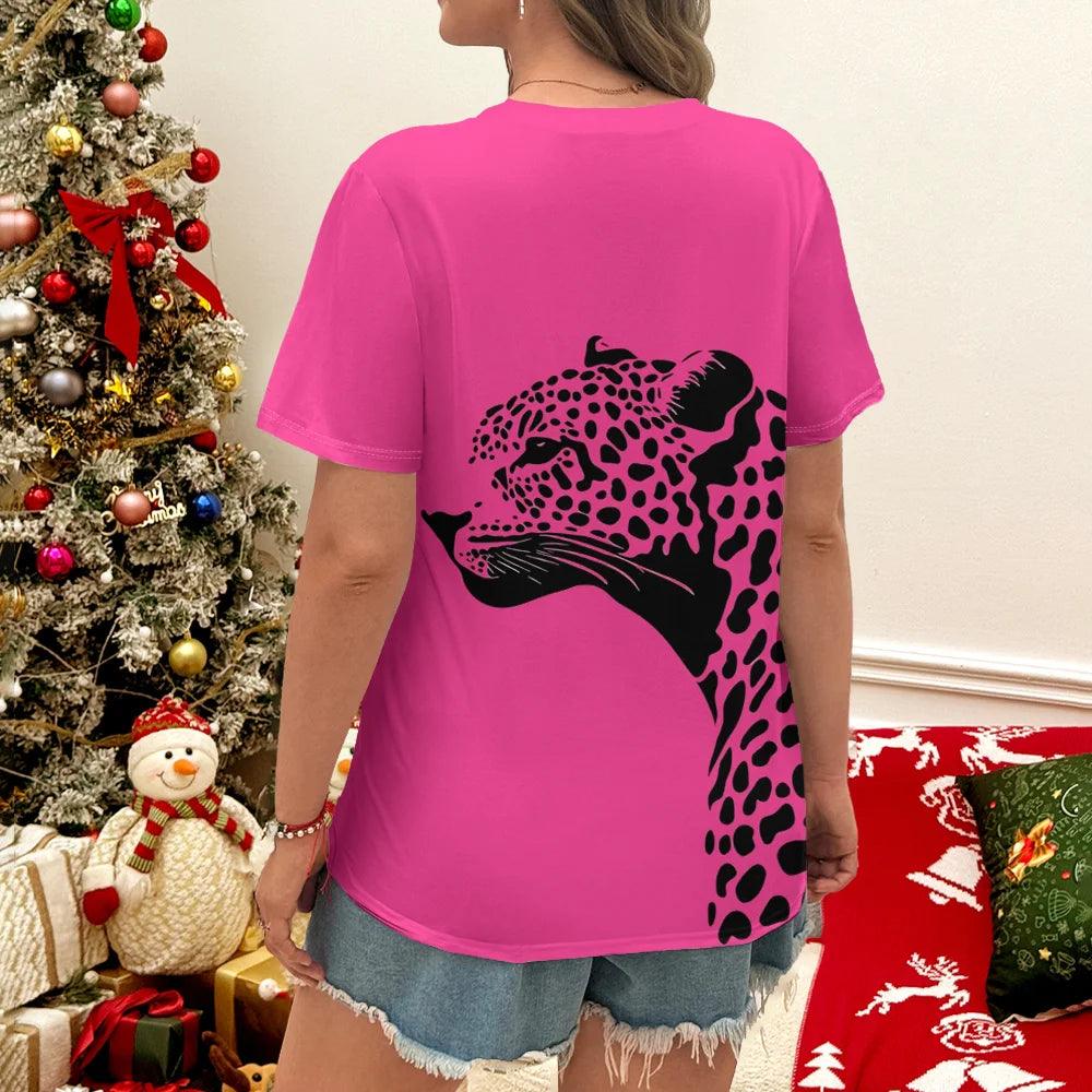 Women's Bright Pink T-Shirt with Black Leopard Print Casual Summer Style Short Sleeve Top For Daily Wear. XS-3X