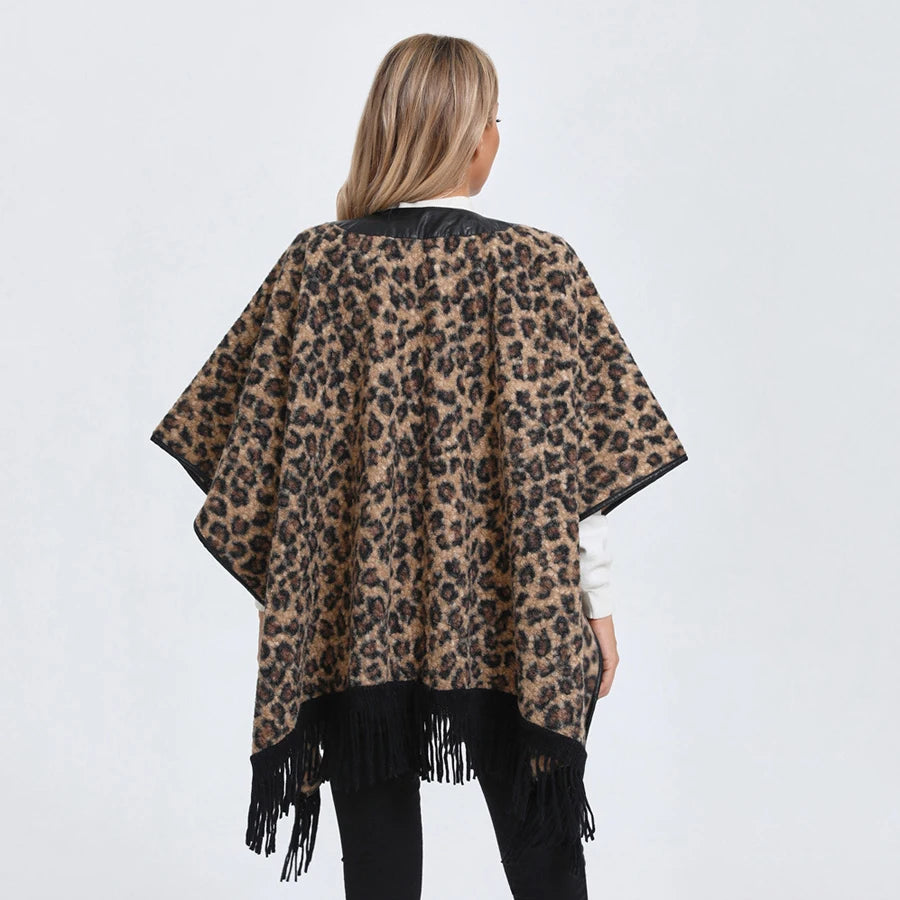 Quality Fashion Classic Leopard Zebra Stripes Like Wool Cape Coat Women Autumn Winter Outerwear Leather Collar.