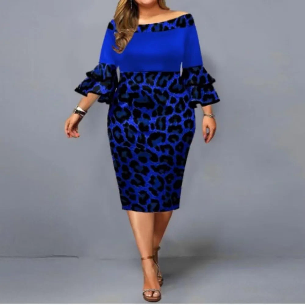 Plus Size Elegant Print Midi Dress - Long Sleeve Party Dress