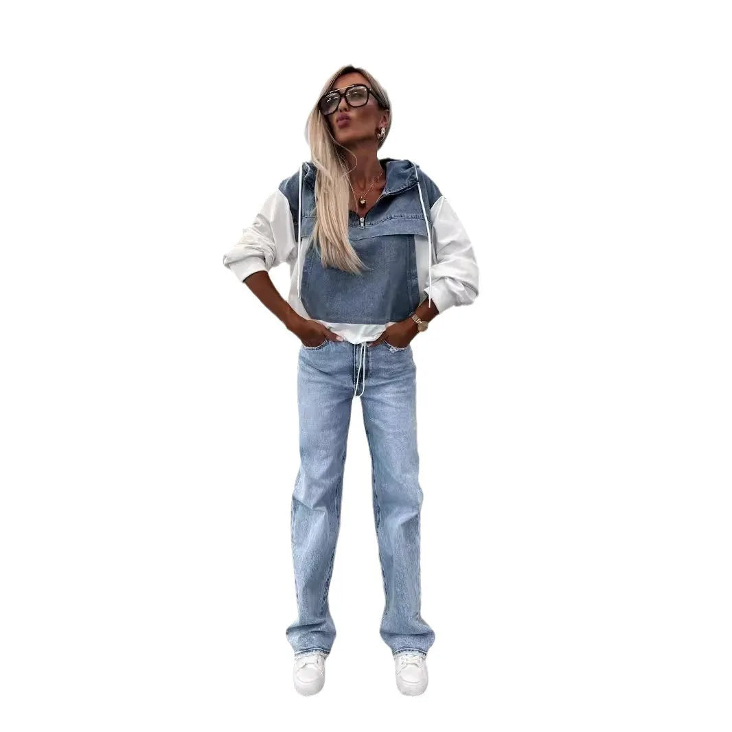 Washed Denim Shirt/ Hoodie Loose Vintage Hooded Pullover Top Patchwork Shirt. S-XXL