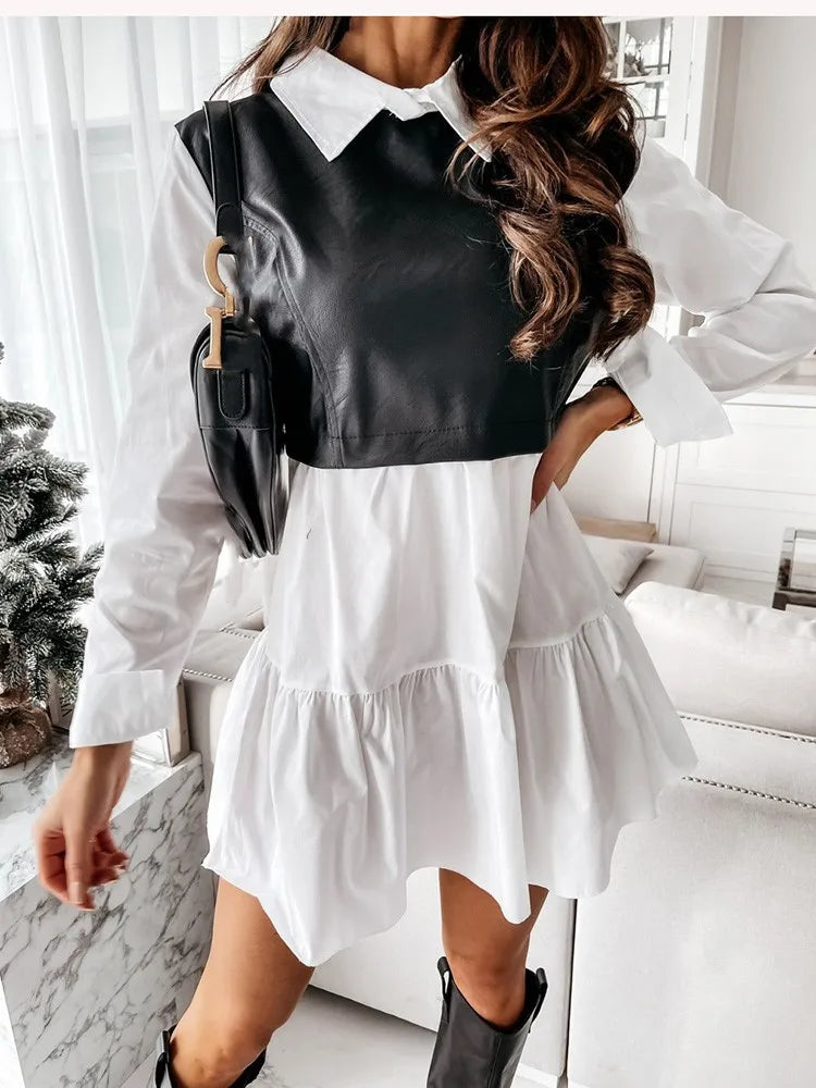 Summer Casual Long Sleeve Shirt/ Dress For Women PU Leather Sweet Lady Mini Dresses. S-2X