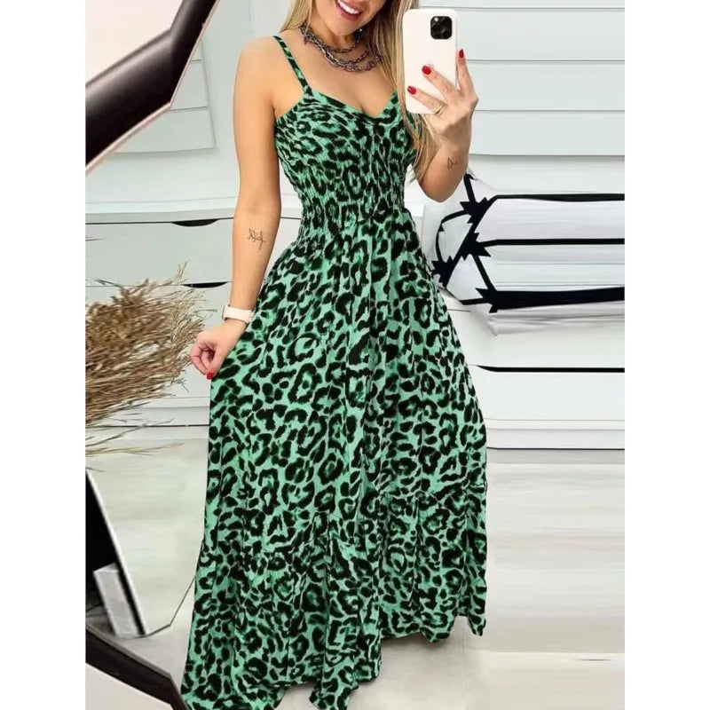 Women's Fashion Leopard Print Sexy Long Sling Summer Dress. S-3X
