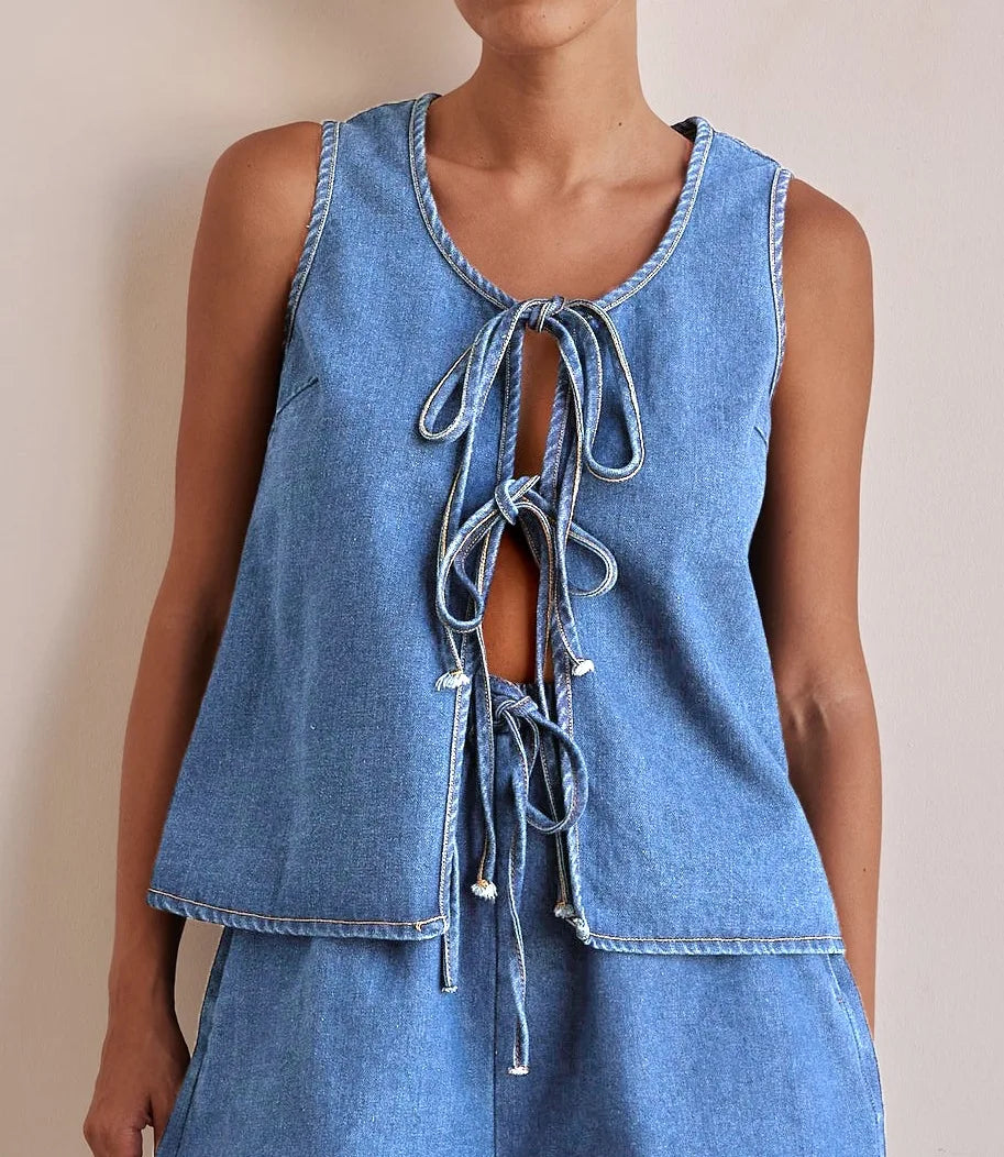 Denim 2 Piece Casual 2025 Sleeveless Tank Top Lace Up High Waist Shorts Suit. S-XXL
