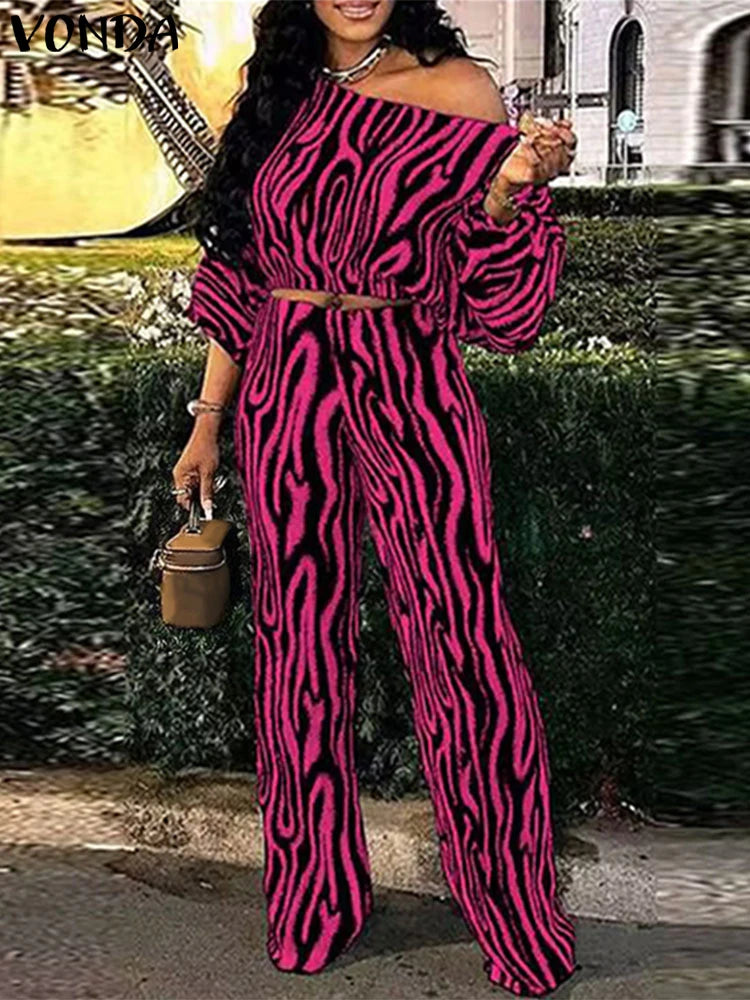 Plus Size Women Pant Set Zebra-stripe Bohemian Printed 2PCS Long Sleeve Skew Collar Top and High Waist Pants Casual Sets. XL-5X