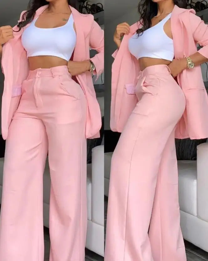 Ladies Elegant Blazer Set New Autumn Fashion Notched Collar Coat & Pocket Design Pants Set. S-2x