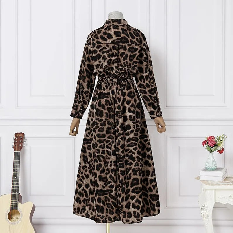 Women Fashion Leopard Print Long Sleeve Swing long Elegant Dress . S-5X