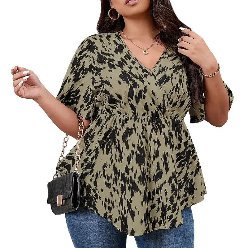 Plus Size Women's All-Over Printed V-Neck Short-Sleeved Elastic Waist Summer Casual Tops