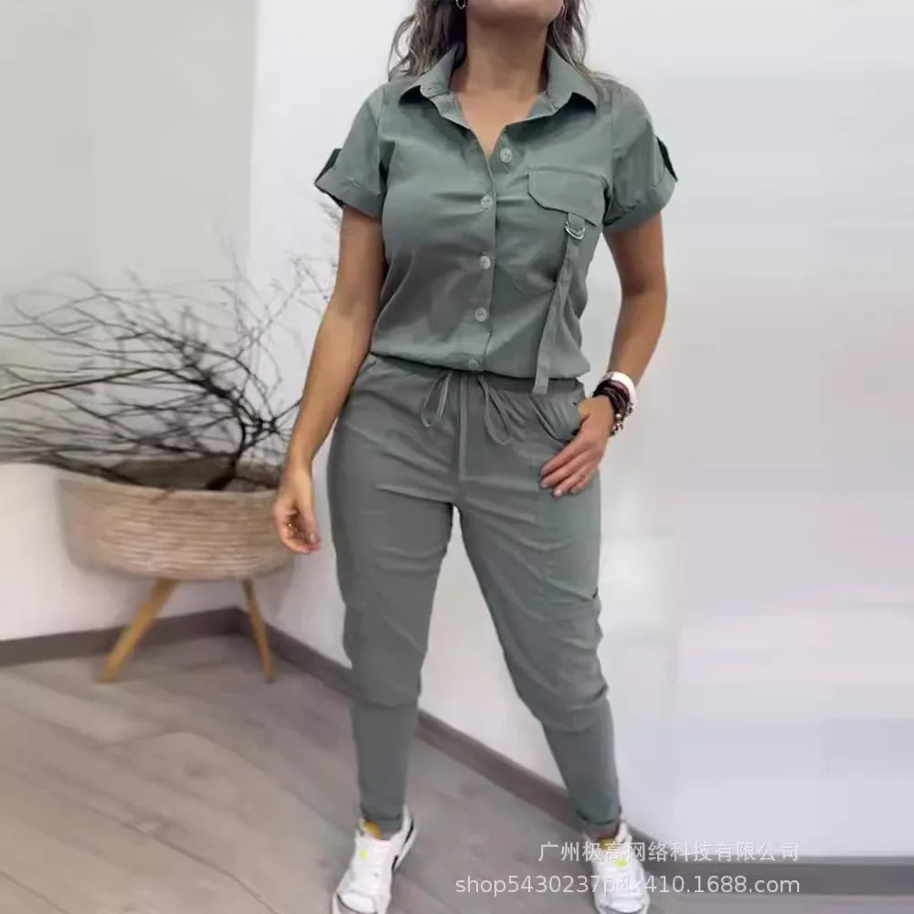 Short Sleeve Cargo Shirt Single Breasted & Ankle Length Pants Women 2 pcs Clothing Set. S-XL