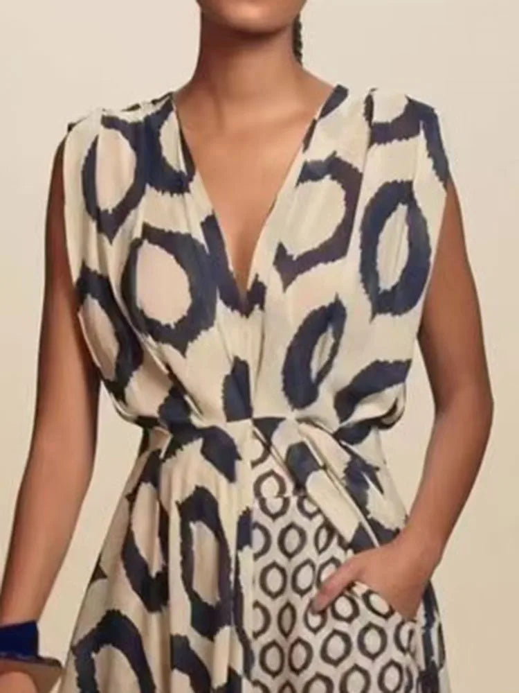 Boho Two-piece Women's Elegant Printed Sleeveless V-Neck Lace Loose Pants Suit