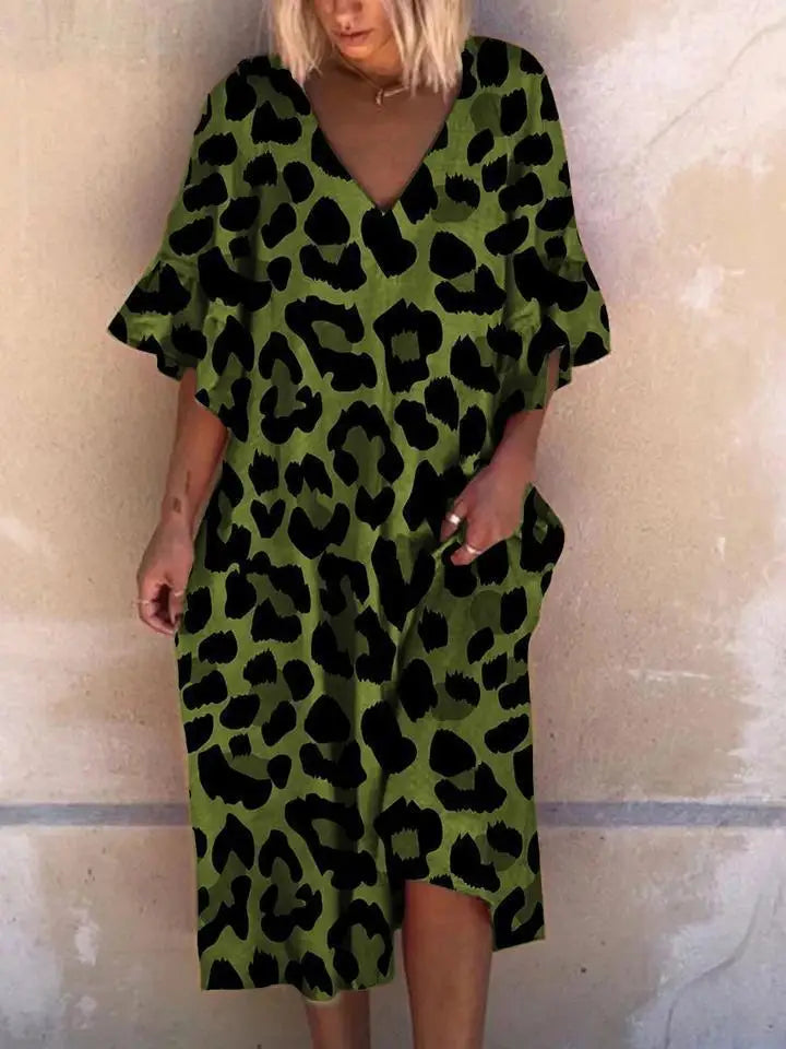 Fashion Leopard Print Dress Lady Casual Vintage V Neck Pullover Loose Dress. S-3x