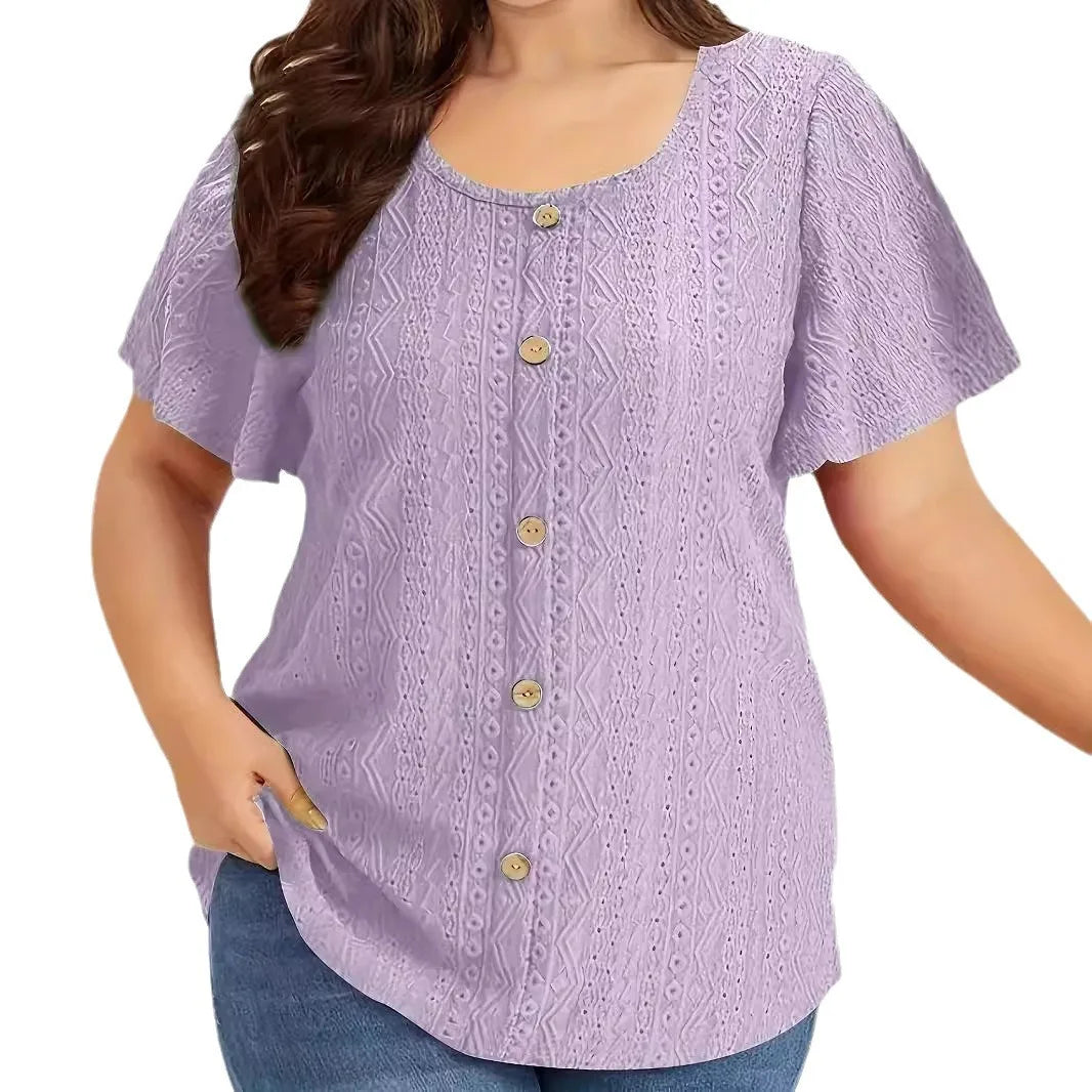 Plus Size Summer Women Shirt Elegant Casual Solid Short Sleeve Loose Fit Button Top