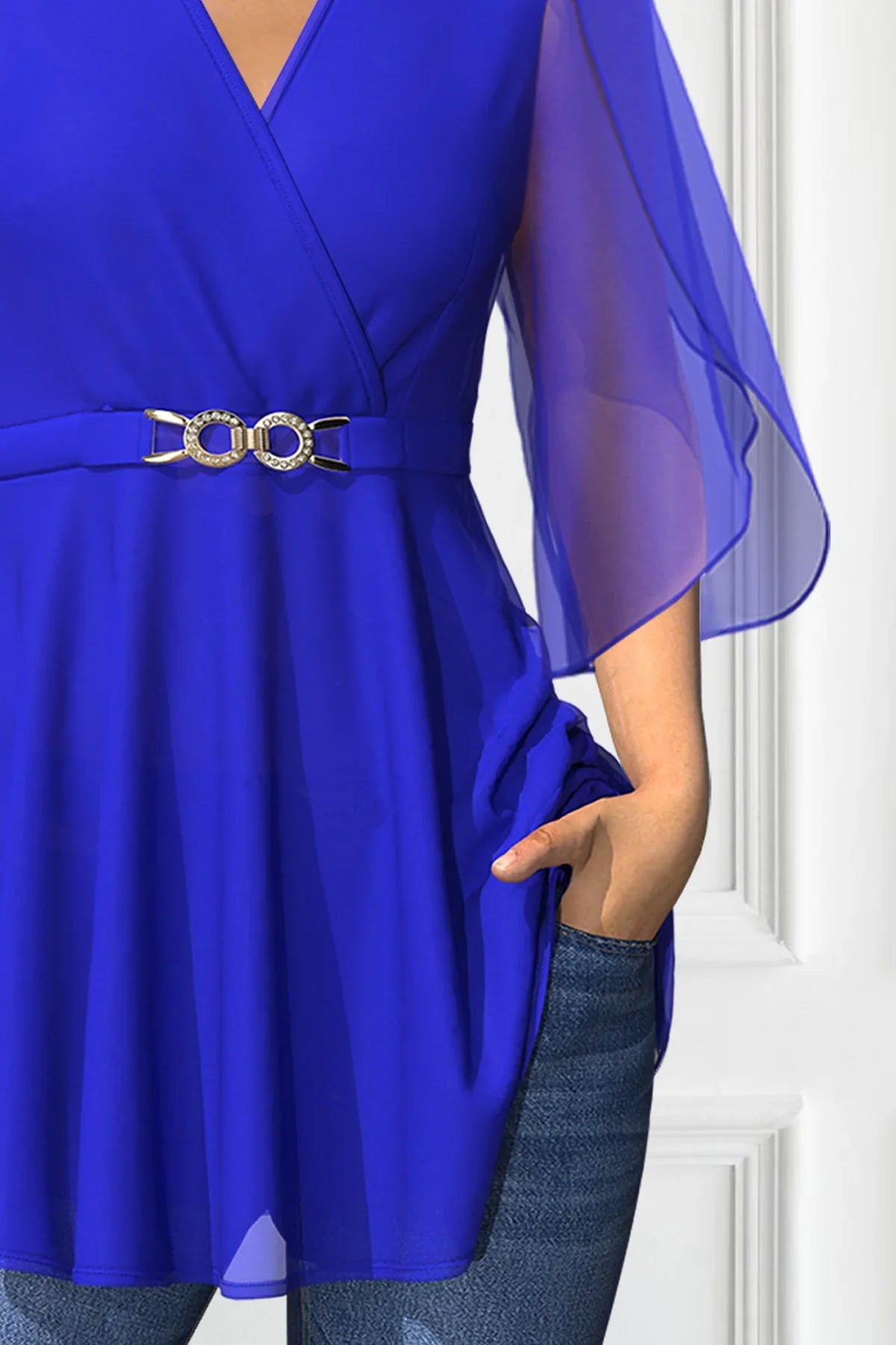 Flare Sleeve Chiffon V-neck Waist Cinched Short Sleeve Casual Blouse.