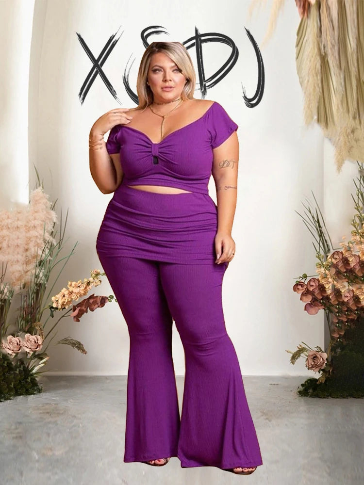 Curvy Flattering Woman's Summer Off Shoulder Top and Pants Sexy Two Piece Set Plus Size.