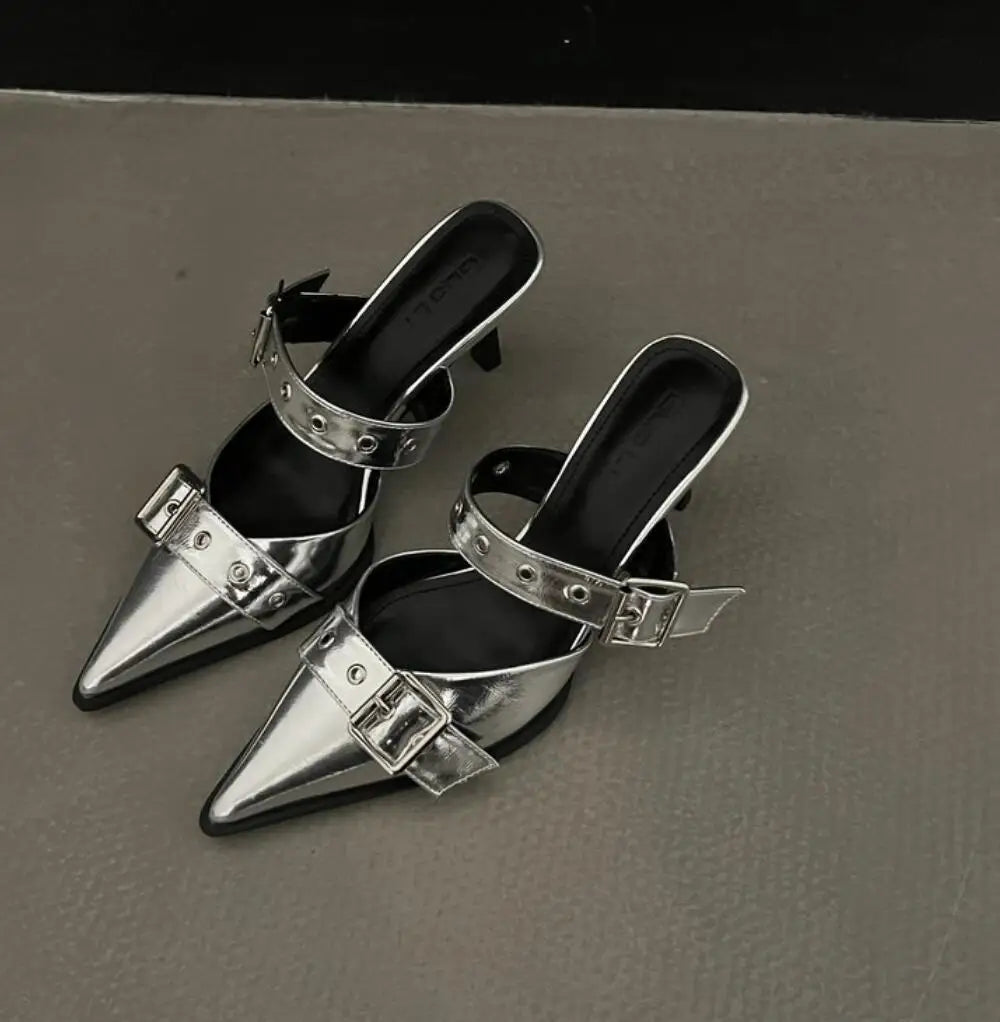 Metal Buckle High Heel Sandals Pointed Toe Thin Heels Sandals.
