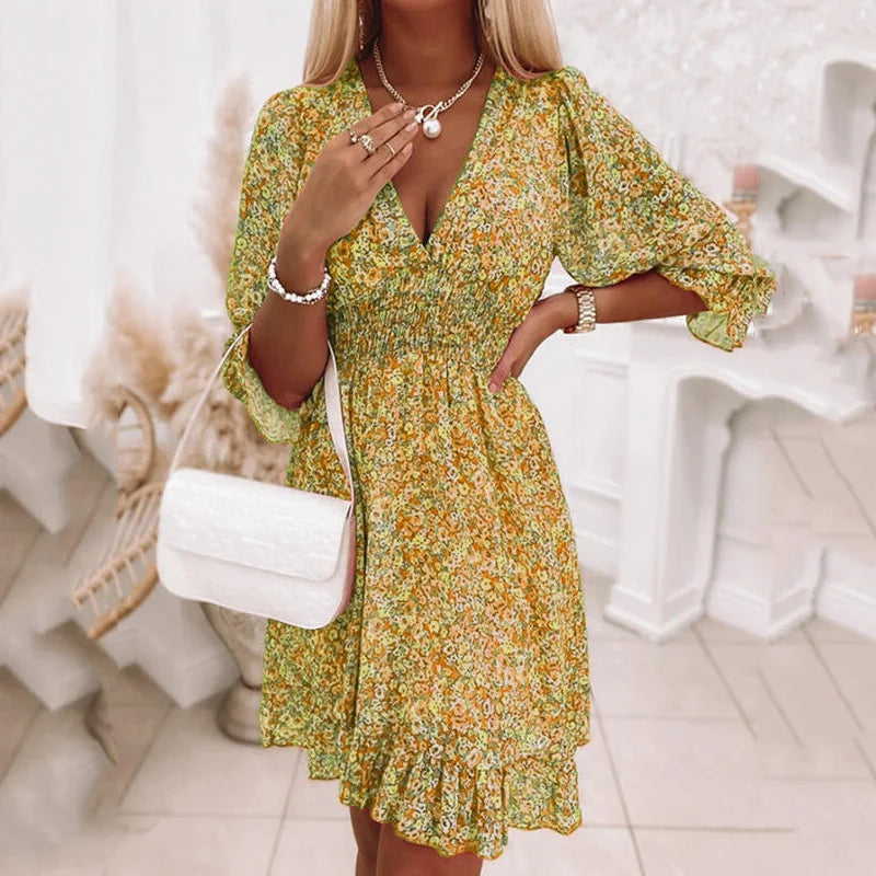 Bohemian Flower Dress V Neck Floral Print Pullover Style Summer Dress. S-3XL
