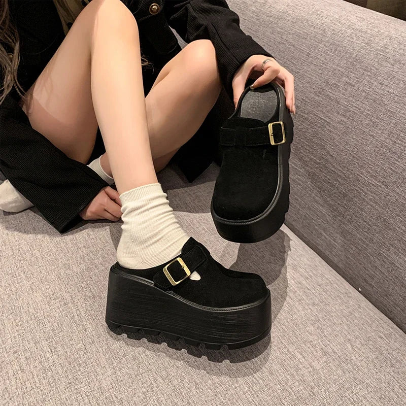 Women High Platform Slides 7CM Wedges Shoe Faux Suede/Leather Casual Chunky Summer Breathable Slip -Ons