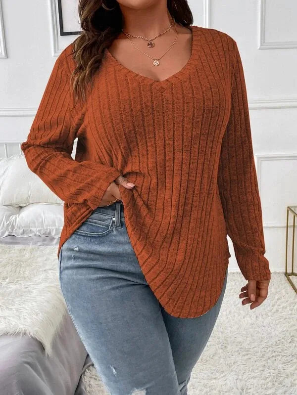 Plus Size Long Sleeve Casual Fashion V Neck Solid Colour Tops