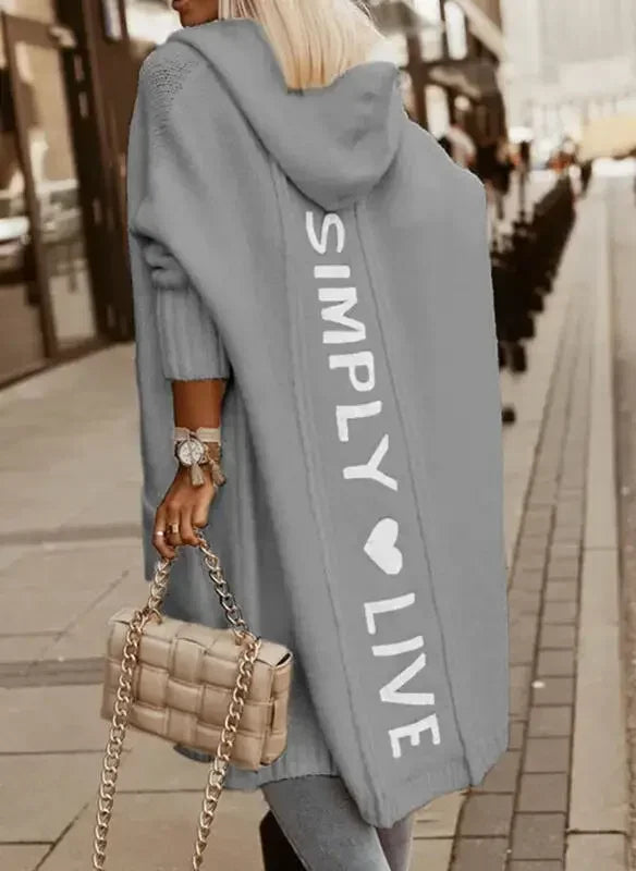 Ladies Hooded Long Cardigan Long Sleeve Autumn Winter Letter Printed Loose Fit. S-2x
