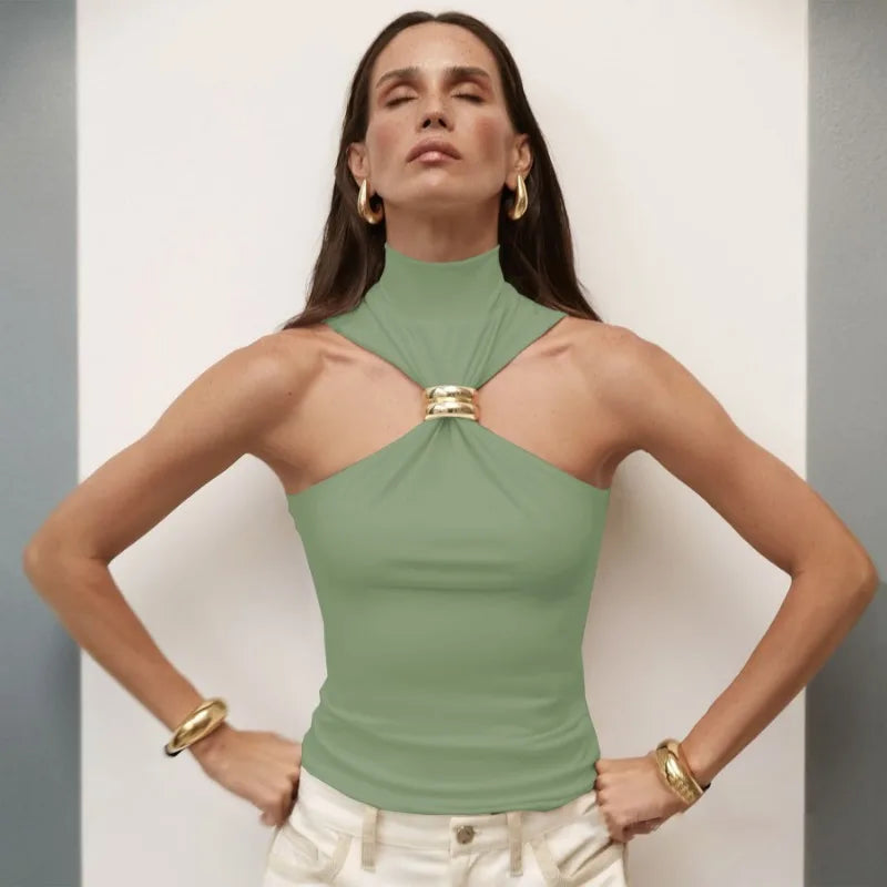 Fashion Metal Ring Tank Top Women 2025 Summer Y2k Solid Sleeveless Slim Party Elegant Top. S-XL