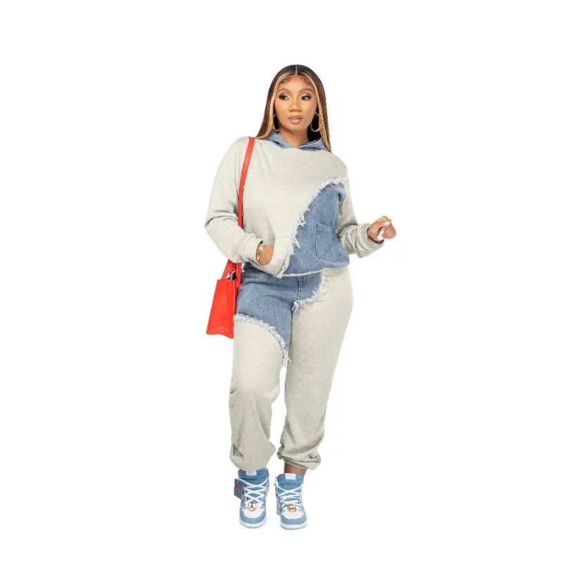 Women Denim Pocket Design Hoodie Top & Loose Pants Two Piece Set Fashion Street-Wear. S-3X