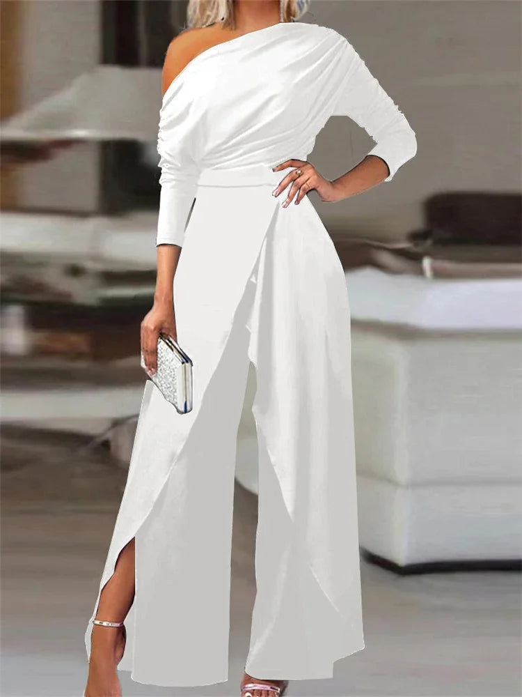 2025 Spring Jumpsuit Plain Elegant Loose Ruched One Shoulder Split Hem Wide Leg Jumpsuit. S-XL