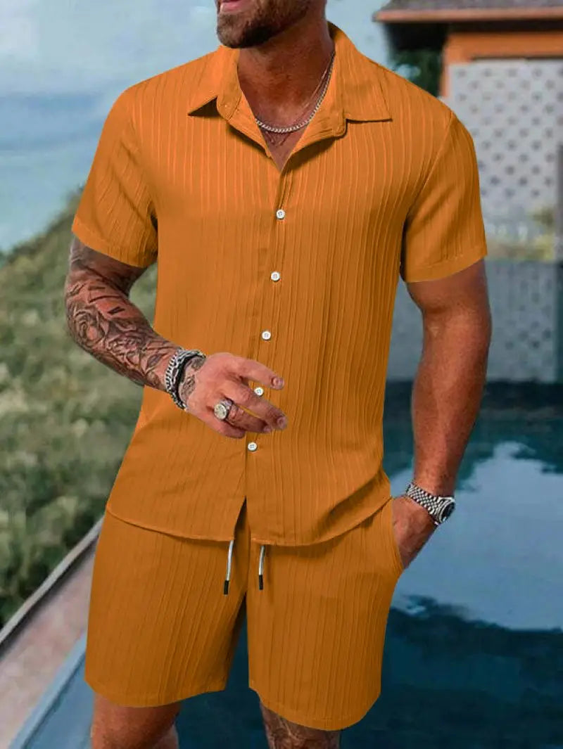 Spring and summer European Style new men's striped jacquard loose shorts and shirt set. S-3x