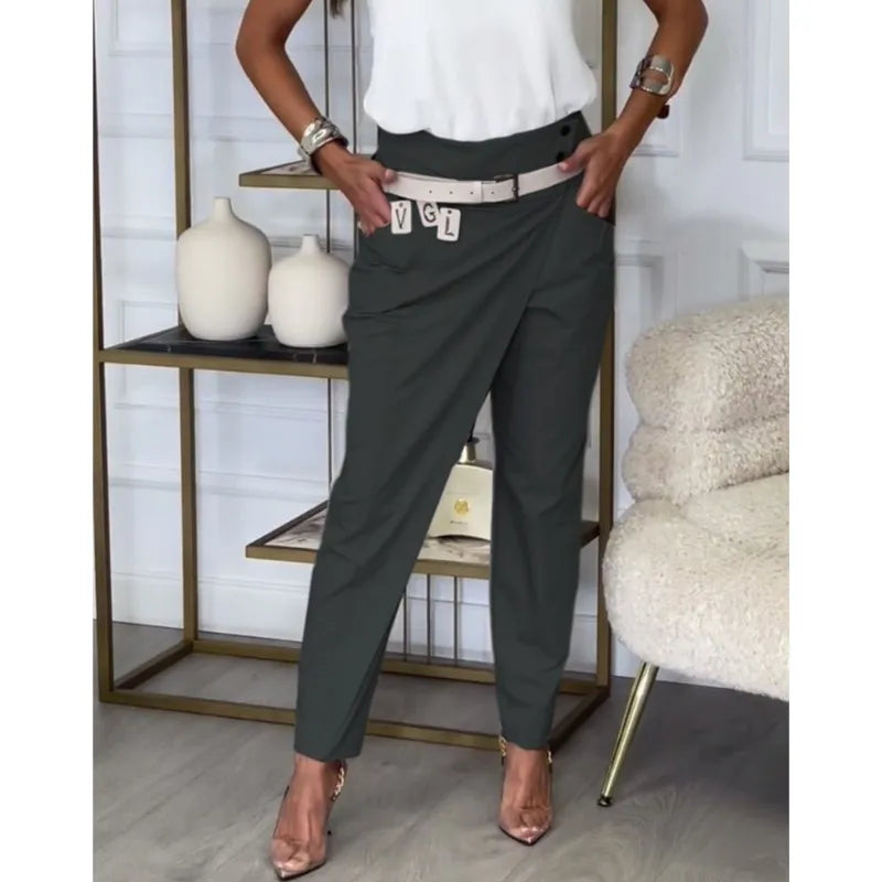 New Asymmetric High Waist Pants For Women Fashion Chic Belt Straight Pants Casual Solid Colour Bottoms. S-3x