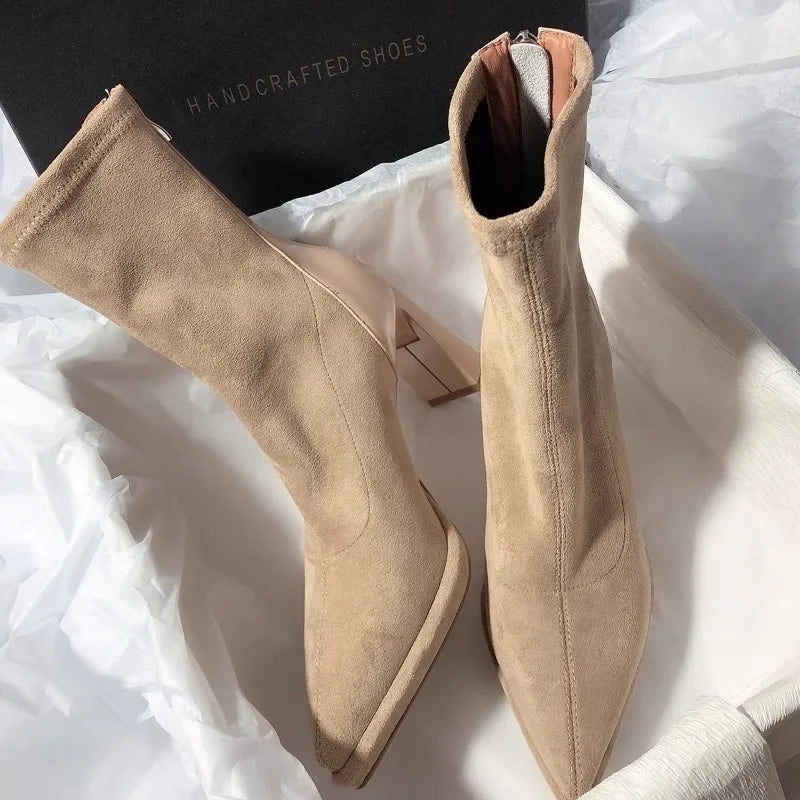 New Women High Heels Pointed Toe Ankle Luxury Boots Suede Chunky Fashion Boot. Zapatos Mujer