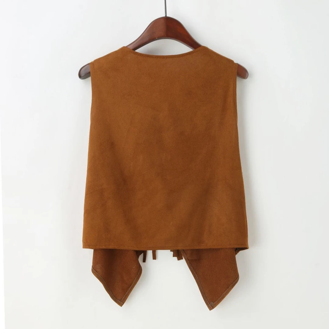 Women Faux Suede Ethnic Sleeveless Rivet Fringe Tassels Hippie Open Front Vest Vintage Cowgirl Vest