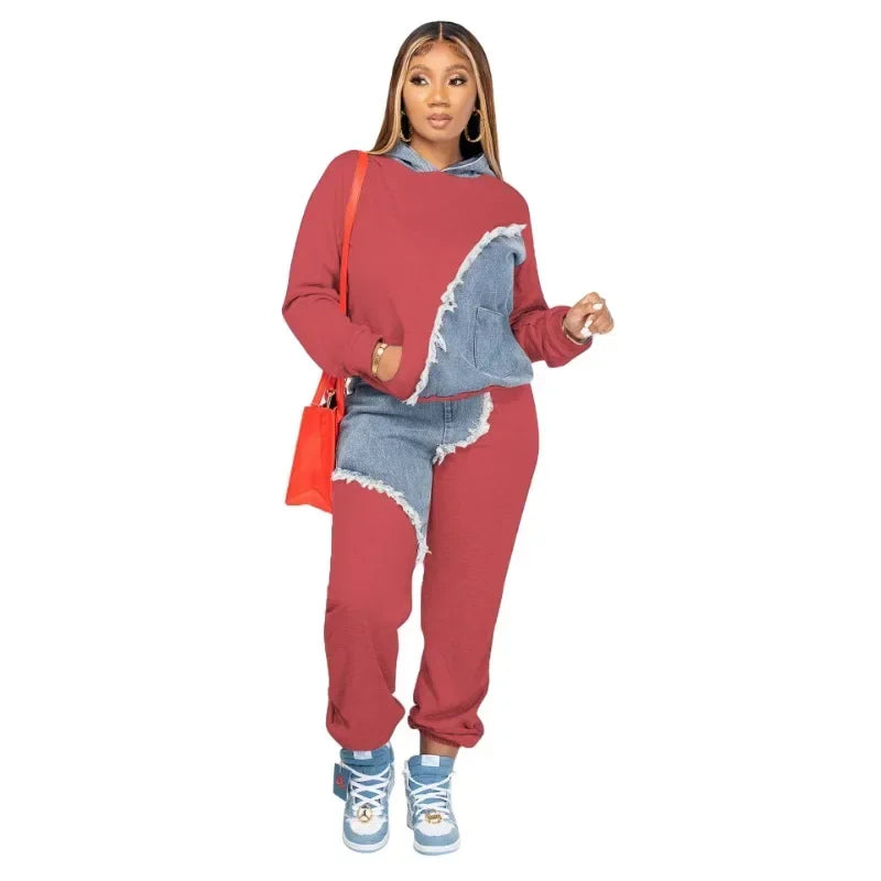 Women Denim Pocket Design Hoodie Top & Loose Pants Two Piece Set Fashion Street-Wear. S-3X