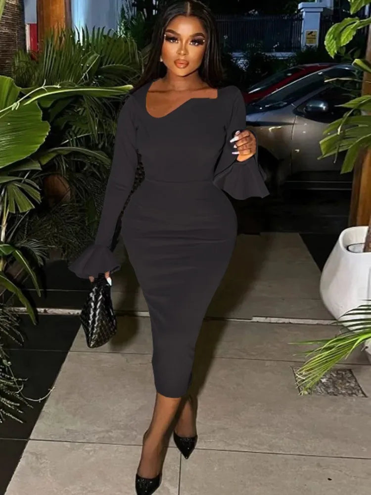 Joskaa Elegant Solid Irregular Collar Flare Sleeve Back Split Bodycon Midi Dress for Women 2024 Spring Birthday Party Clubwear