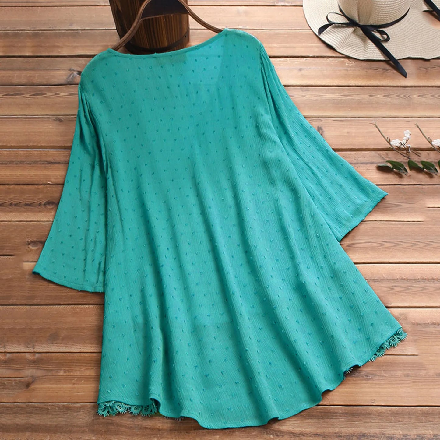 Curvy Spring Summer Cotton Lace Blouse Crochet Lace 3/4 Sleeve V Neck Loose Top