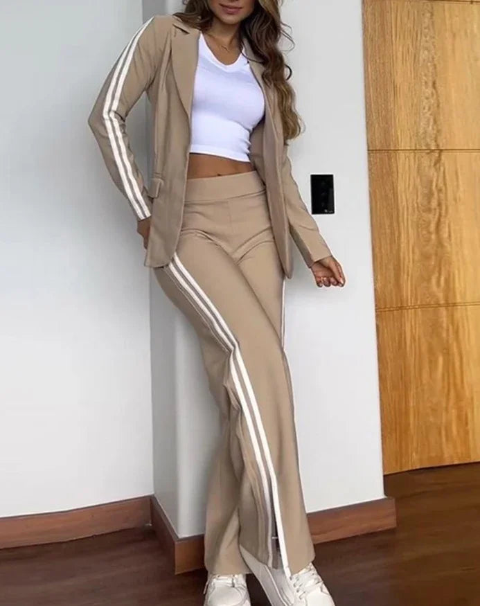 Women's Fashion Latest Striped Side Sporty Tape Notched Collar Front Button Blazer Wide-Leg Pants Set