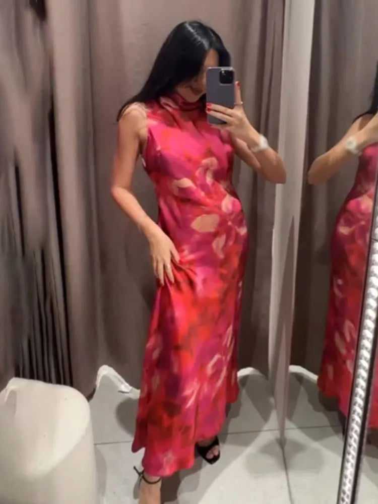 TRAFZA Women 2025 Spring New Silk Satin Texture Print Sleeveless Midi Dress Female Light Luxury Elegant Slim Long Dress Mujer