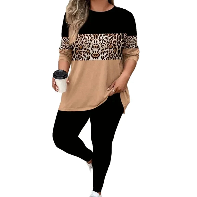 Women Fashion Leopard Print Two Piece Set Outfit Casual Long Sleeve Contrast Colour Tops and Pants.