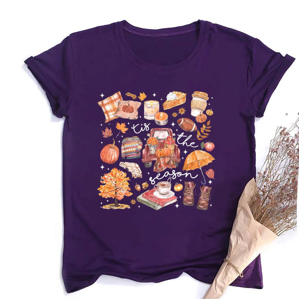 Women's Fall Shirt Pumpkin Season Short Sleeves Fashion Fall Harvest Tshirt . S-2X