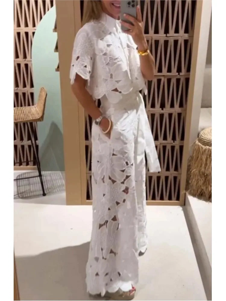 Sexy Lapel Single-breasted Shirt Top + Wide-leg Pants 2-piece Set Women. S-3x