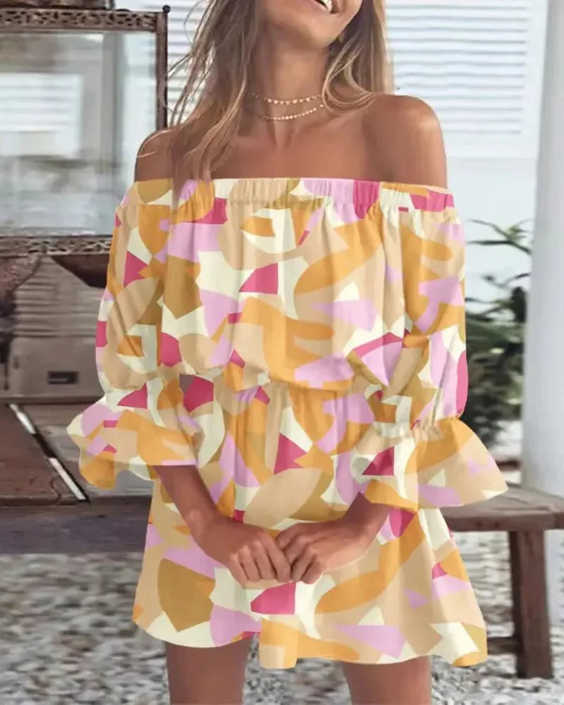 Sexy Neck Long Flare Sleeve Floral Print Mini Summer Boho Style Dress. S-3x