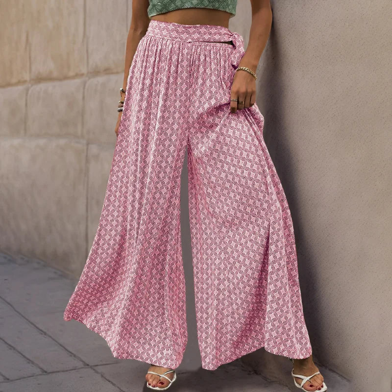 New Ladies Wide-leg Lace-up High-waist Casual Printed Trousers