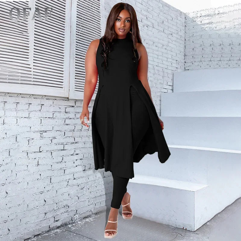 Elegant Plus Size Women's Set Split Hem Long Tank Top and Leggings Two 2 Piece Set