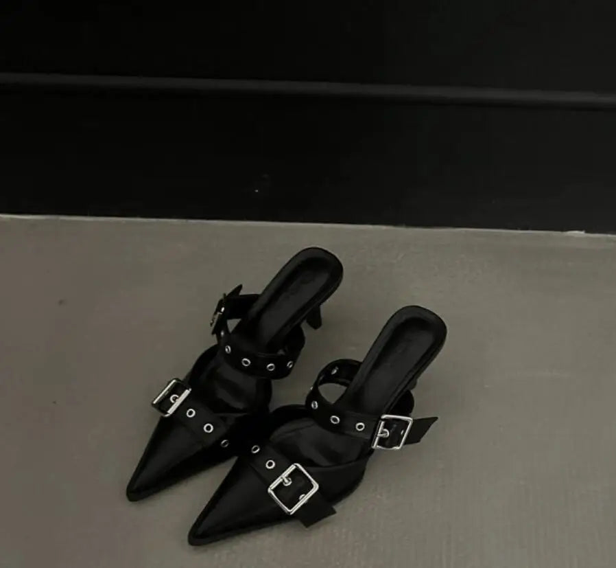Metal Buckle High Heel Sandals Pointed Toe Thin Heels Sandals.