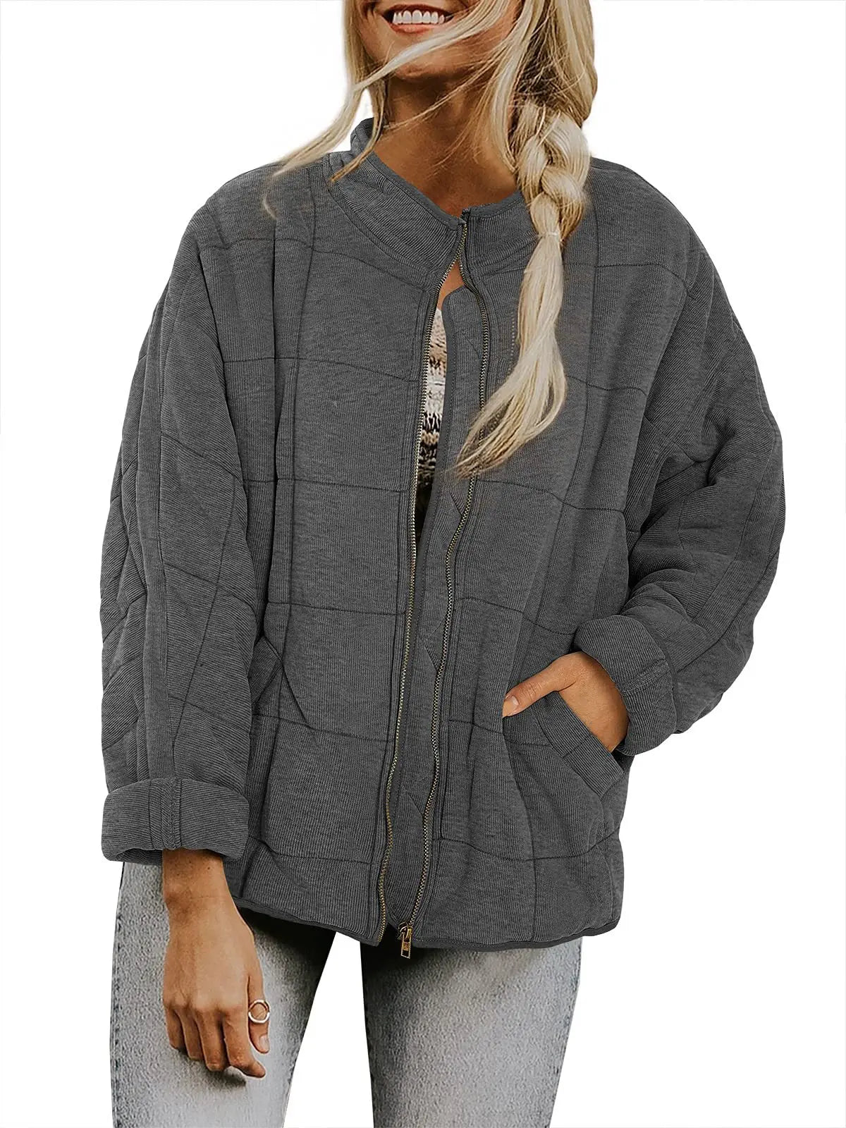 Solid Colour Stand-up Neck Cotton Jacket New Loose Pocket Long-sleeved. S-2X