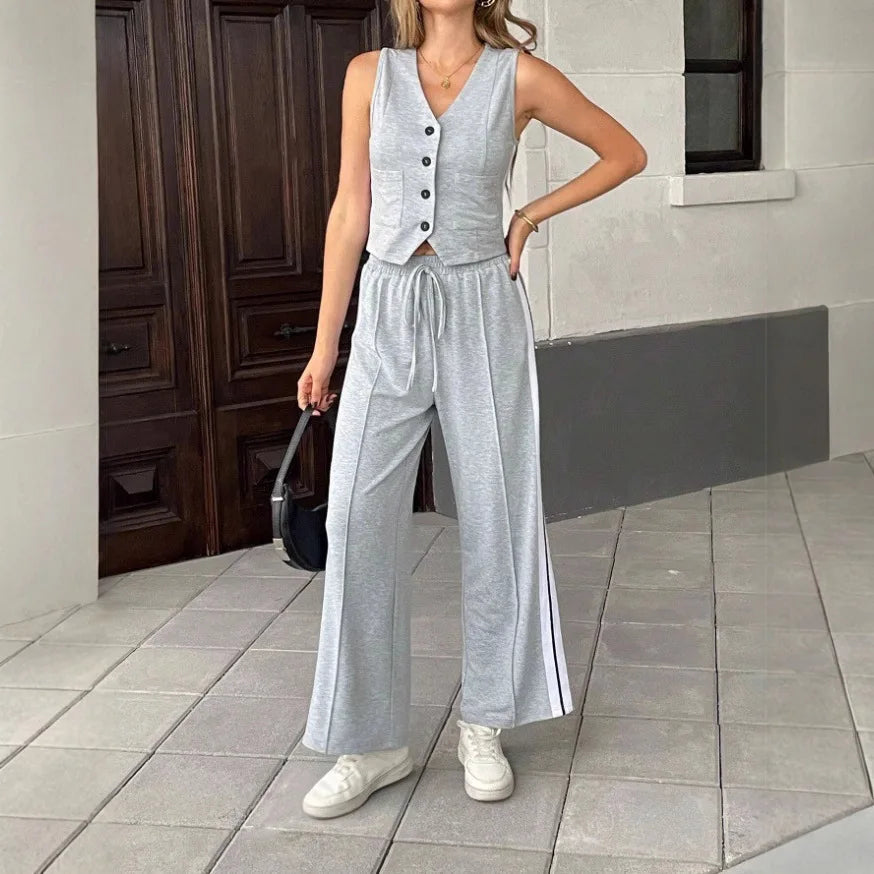 Fashion Side Stripe Women 2 Piece Set New Vest Top And Wide Leg Pants Sports Style Casual Set. S-2X