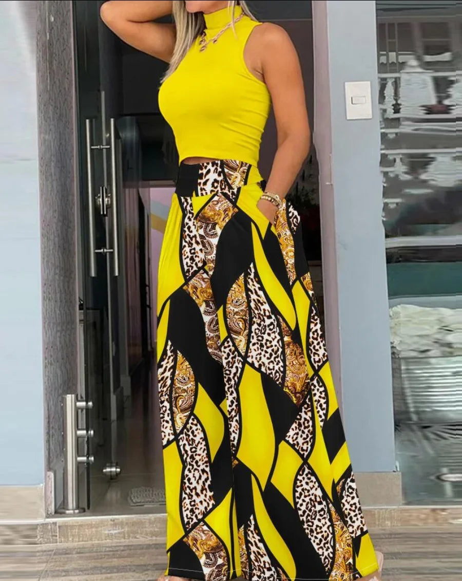 Ladies Elegant Two Piece Pant Set Sleeveless Turtleneck Top Pockets High Waist Wide Leg Pants. S-3x