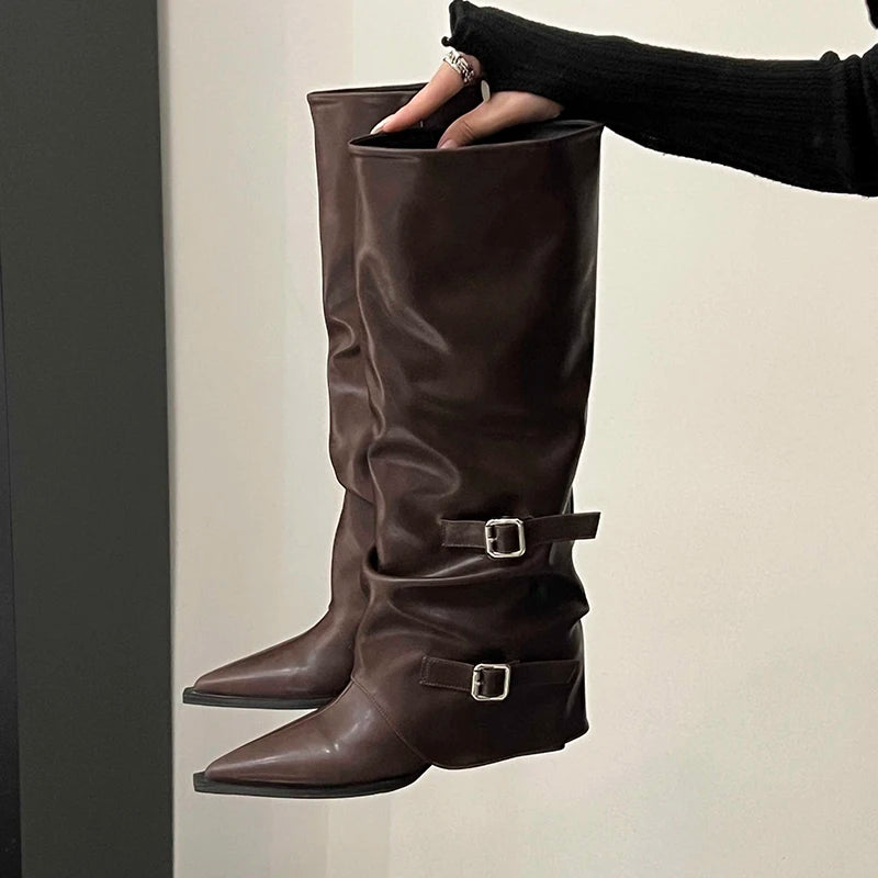 Retro Style Boots Fashion Belt Buckle Autumn Winter Wedge Heel European style