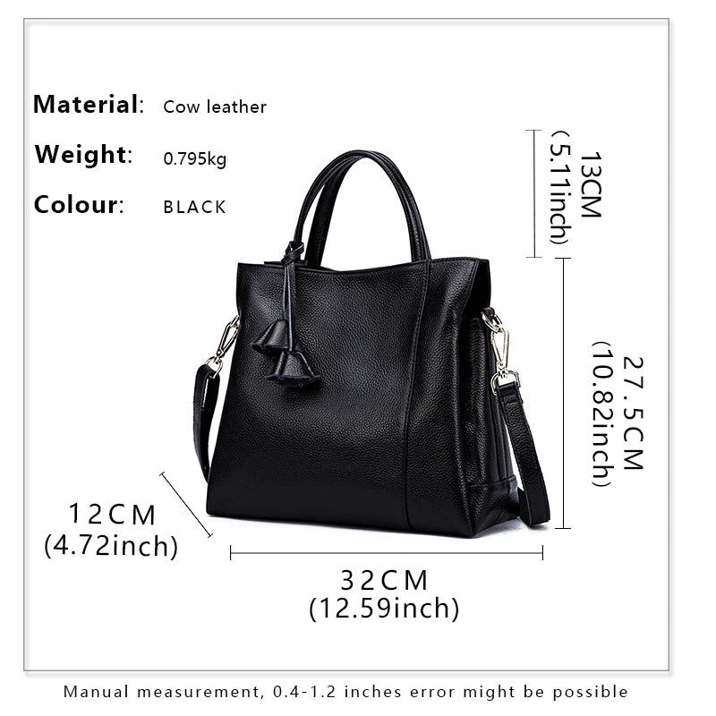Cowhide women's handbag casual versatile black daily commuting single shoulder cross-body tote bag